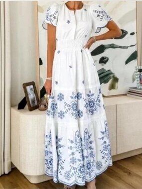 Joie | White & Blue Floral Embroidered Smocked Waist Maxi Dress Women's Medium
